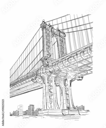 Bridge hand drawn sketch. New York city, Line illustration