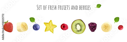 Vector illustration of fresh fruies and berries: banana, carambola, kiwi, bluberry, strawberry, blackberry, raspberry, cranberry. 