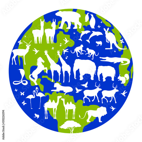 vector illustration of earth globe and animals sillhouettes