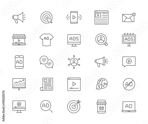 Icons set of marketing, advertising and advertising campaigns. Vector illustration.