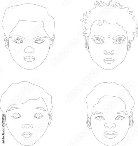 Liner illustration of 4 boys face different nationalities