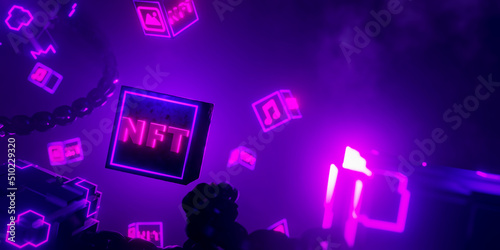 3d rendering concept blockchain and non fungible token technology background with purple neon light, NFT on cubes and chain.