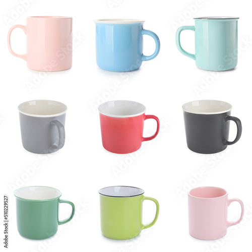Set of many blank cups on white background. Mockup for design
