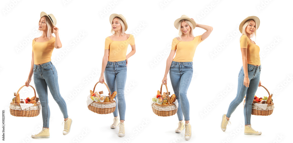 Set of pretty young woman with basket for picnic on white background