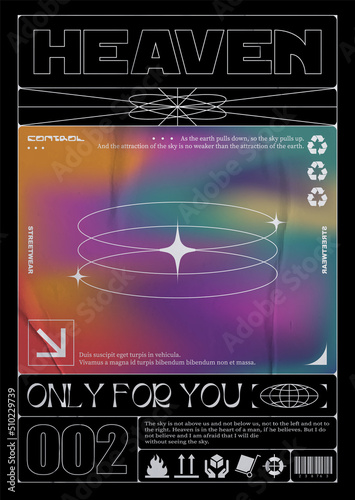 Abstract poster with gradient mesh and "Heaven" text. Elements for marking mail parcels, in Techno style, with overflows of bright colors. On a black background with paper texture