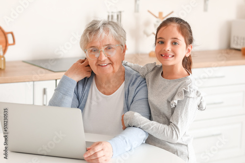 Little girl with her grandma using laptop in kitchen © Pixel-Shot