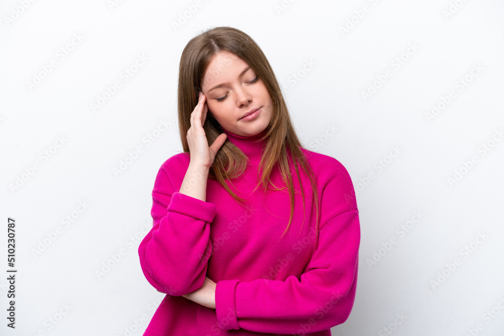 Young caucasian woman isolated on white background with headache Young caucasian woman isolated on white background with headache