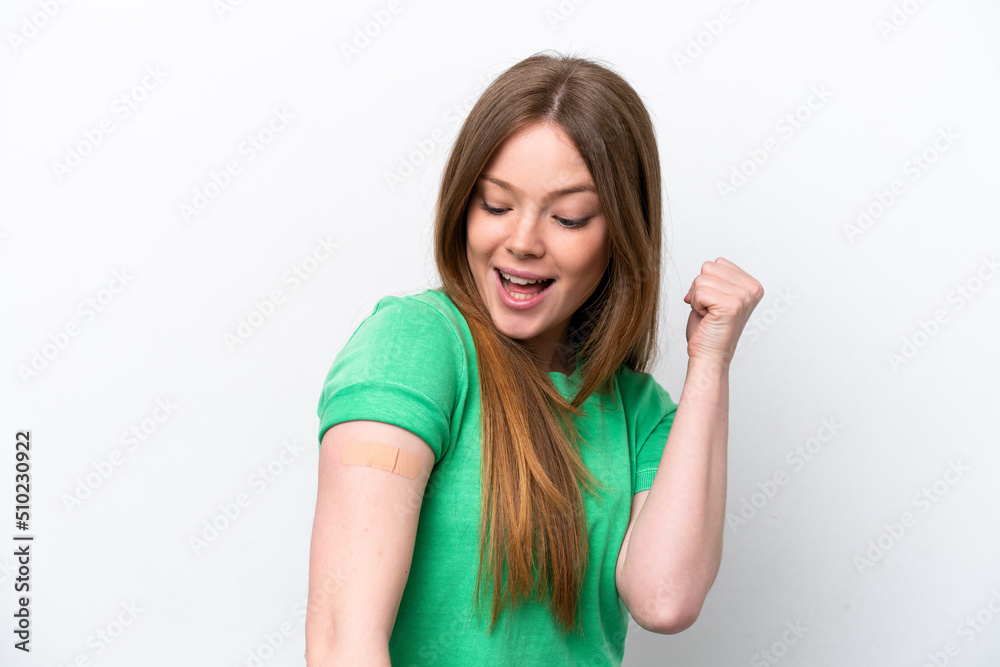 Young caucasian woman wearing a band aids isolated on white background celebrating a victory Young caucasian woman wearing a band aids isolated on white background celebrating a victory