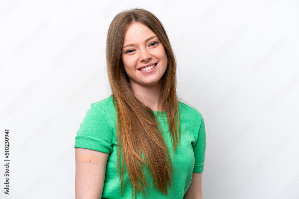 Young caucasian woman wearing a band aids isolated on white background with happy expression Young caucasian woman wearing a band aids isolated on white background with happy expression