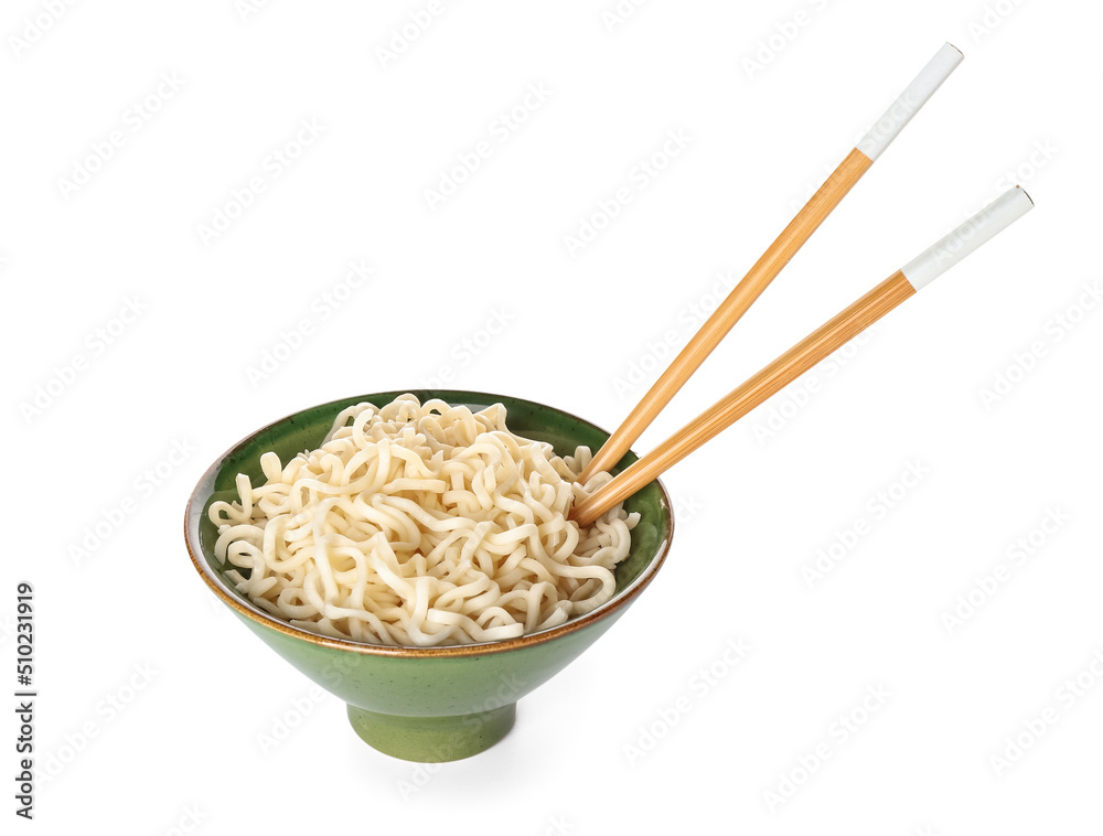 Bowl with tasty noodles and chopsticks on white background Bowl with tasty noodles and chopsticks on white background
