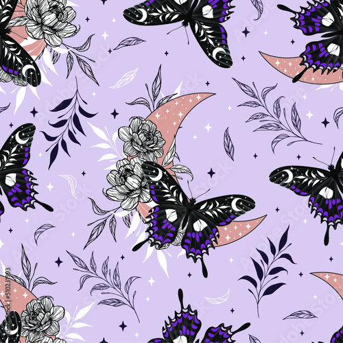 Celestial seamless pattern with herbs. Boho magic background with purple space elements stars, butterflies. Vector doodle texture.