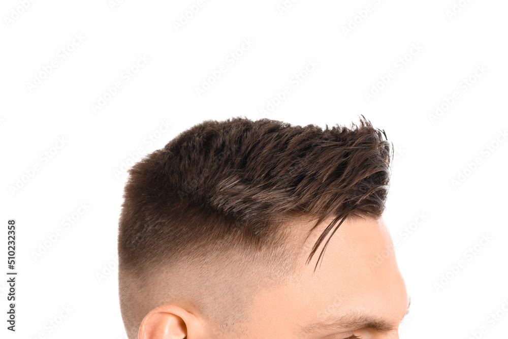 Fototapeta premium Young man with hair loss problem on white background, closeup