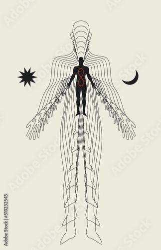Conceptual esoteric illustration of the human body and soul. Deep meditation or rebirth concept. Vector illustration photo