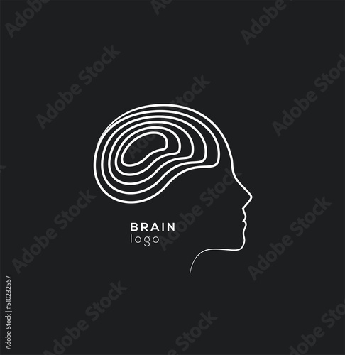Human head brain silhouette thin lined logo or icon design template for psychology or medicine or creative industry isolated on black background. Vector illustration