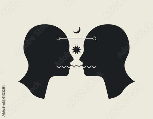 Human empathy or communication conceptual illustration with human heads silhouettes and abstract conversation symbols isolated on white background. Vector illustration