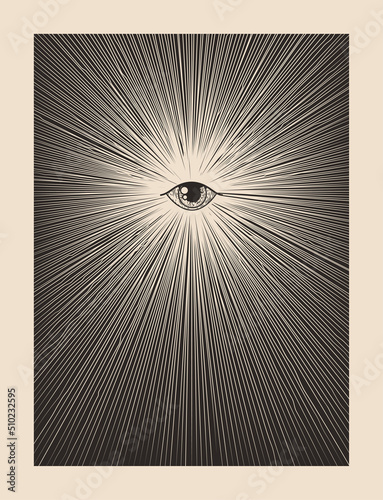 All seeing god eye vintage mystic mason print poster design template with eye surrounded sunburst. Vector illustration