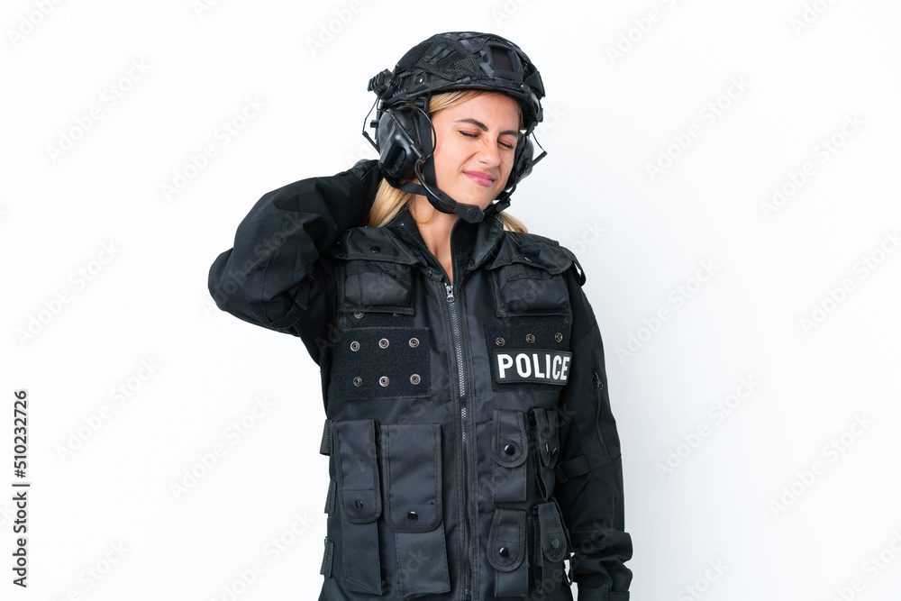 SWAT caucasian woman isolated on white background with neckache SWAT caucasian woman isolated on white background with neckache