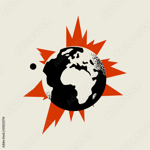 Global world crisis conceptual illustration with globe Earth silhouette in fire isolated on white background. Vector illustration