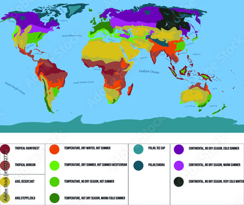 Map of all climate types with all world sea and ocean names