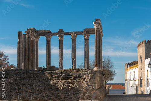 Architectural detail of the Roman temple of Evora in Portugal or Temple of Diana. It is a UNESCO World Heritage Site. photo