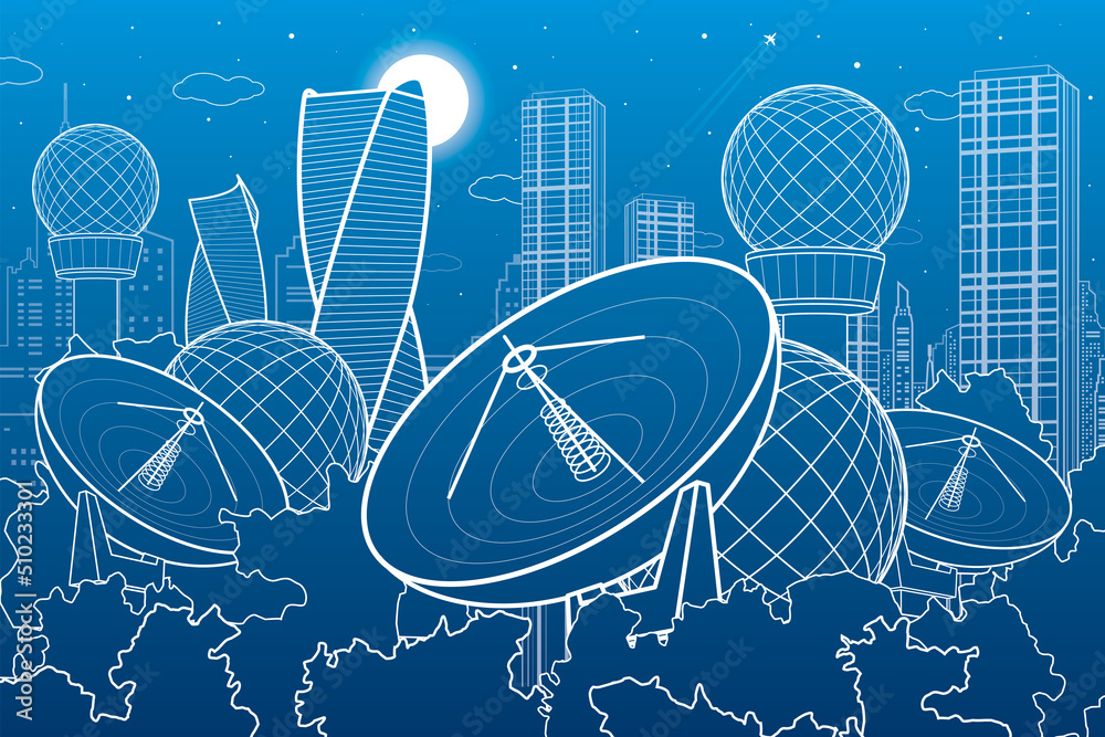 Satellite dishes in the woods, antenna communication technology