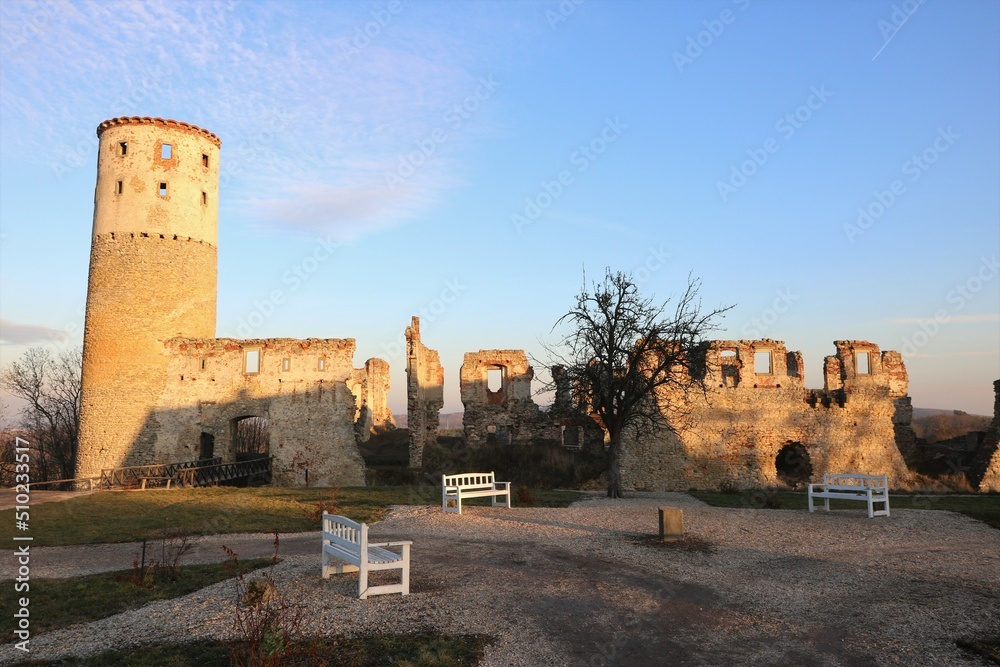 Castle ruins in the early evening at sunset
