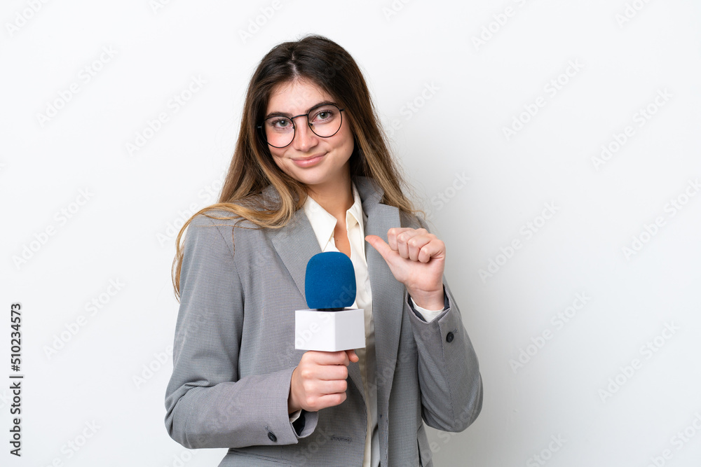 Young caucasian TV presenter woman isolated on white background proud and self-satisfied Young caucasian TV presenter woman isolated on white background proud and self-satisfied