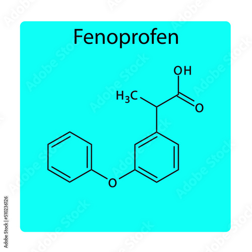 Fenoprofen molecular structure, flat skeletal chemical formula. NSAID drug used to treat pain, rheumatoid arthritis, osteoarthritis. blue background Vector illustration.
