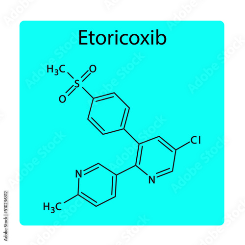 Etoricoxib molecular structure, flat skeletal chemical formula. NSAID drug used to treat pain, rheumatoid arthritis, ankylosing spondylitis, osteoarthritis. blue background Vector illustration.