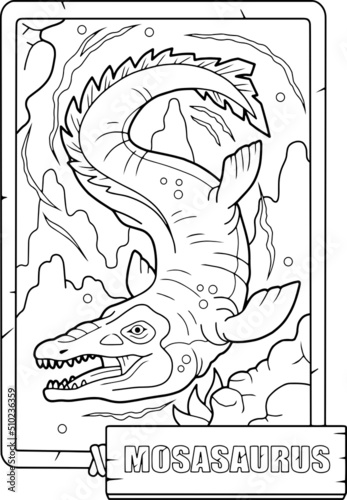 Платно prehistoric dinosaur mosasaurus, coloring book for children, outline illustratio