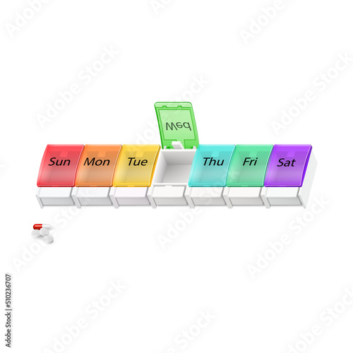 Illustration of Plastic Pharmacy Organizer for Pills for Each Day of the Week on White Backdrop. A Weekly Medicine Dispenser Opened for Wednesday