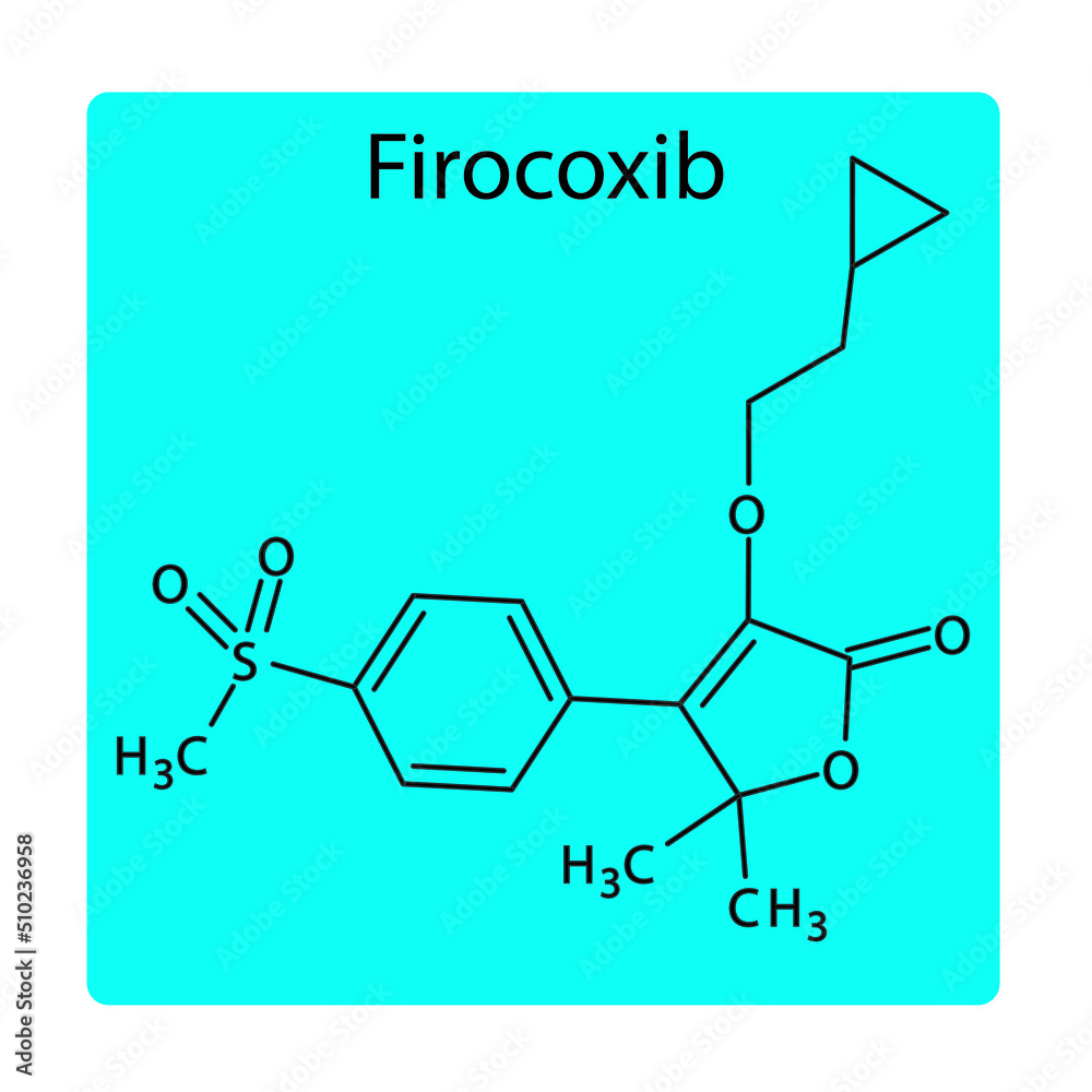 Firocoxib molecular structure, flat skeletal chemical formula. NSAID drug used to treat veterinary, dog, pain, inflammation. blue background Vector illustration.