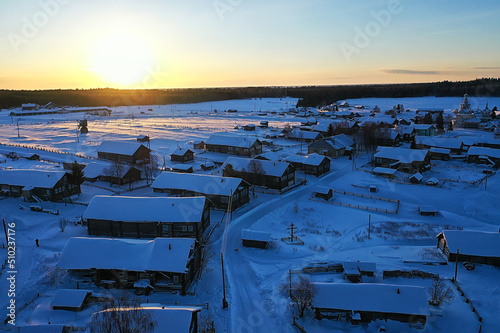 kimzha village top view, winter landscape russian north arkhangelsk district photo