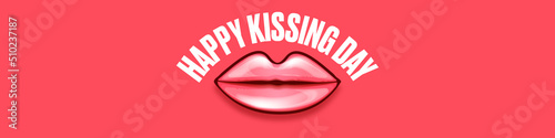 Happy kissing day horizontal banner with cartoon glossy red lips isolated on pink background. Kiss day vector concept illustration with sexy smiling woman mouth icon