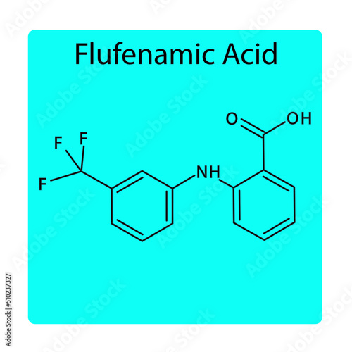 Flufenamic acid molecular structure, flat skeletal chemical formula. NSAID drug used to treat analgesic, analgesia, pain, rheumatoid arthritis. blue background Vector illustration.