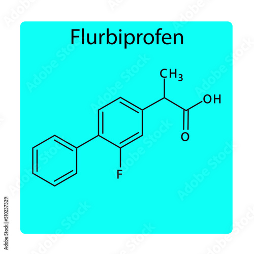 Flurbiprofen molecular structure, flat skeletal chemical formula. NSAID drug used to treat pain, osteoarthritis, rheumatoid arthritis. blue background Vector illustration.