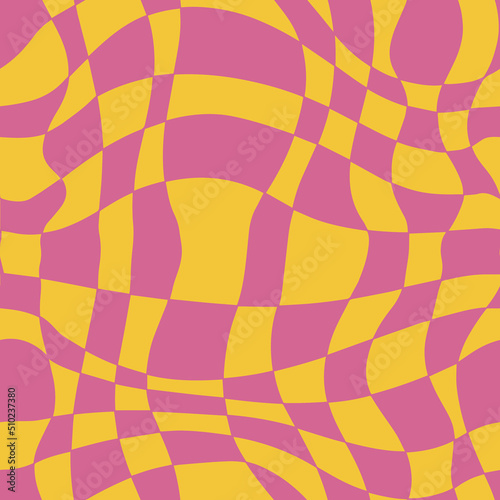 Pink and Ywllow Groovy Wavy Melted Psychedelic Checkerboard Y2K 90s seamless pattern vector background. Retro hippie trippy optical repeat texture wallpaper, textile design