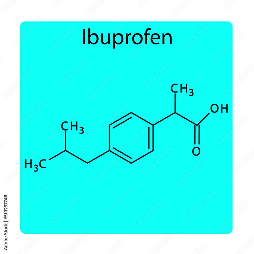 Ibuprofen molecular structure, flat skeletal chemical formula. NSAID