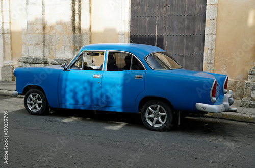old blue classic car on the streets of matanzas