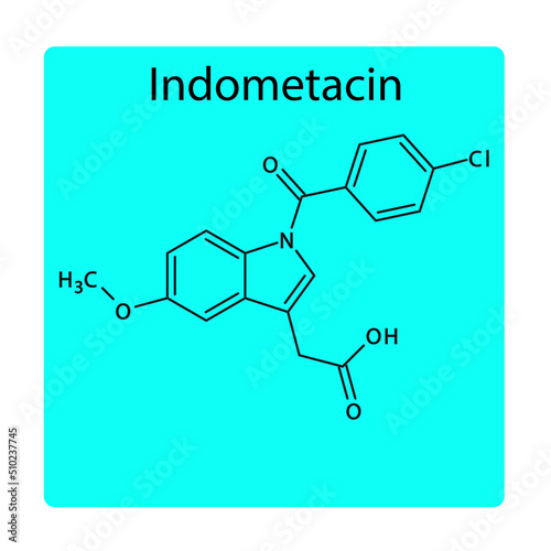 Indometacin molecular structure, flat skeletal chemical formula. NSAID drug used to treat pain, rheumatoid arthritis, ankylosing spondylitis, osteoarthritis. blue background Vector illustration.