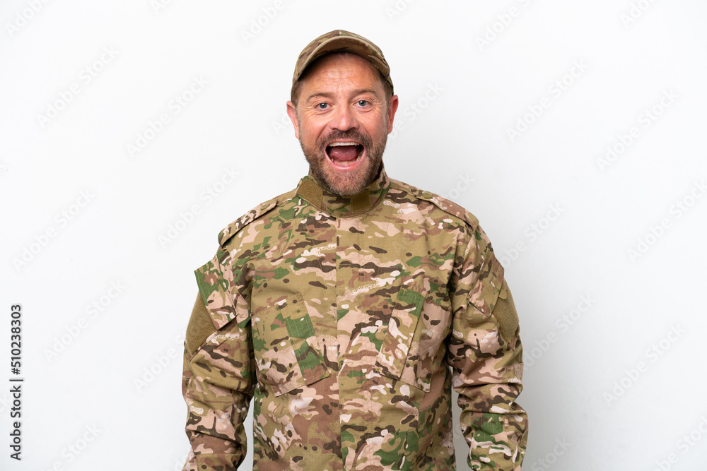 Military man isolated on white background with surprise facial expression