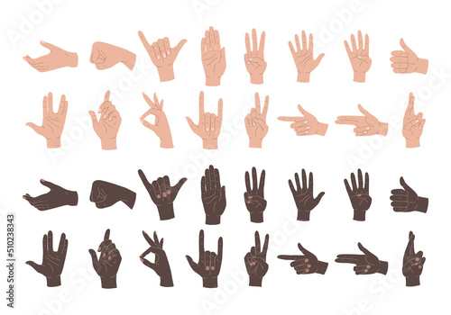 Hand gestures. Set of human hands, signs and gestures, figures and finger movements. Different colors hands isolated vector illustrations on a white background