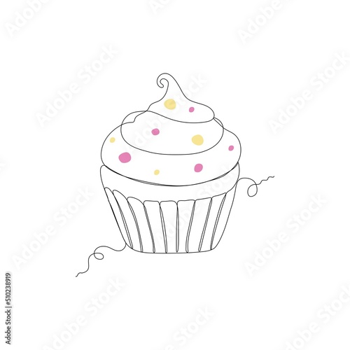 Single continuous line of big cupcake. Big cupcake fast food in one line style isolated on white background