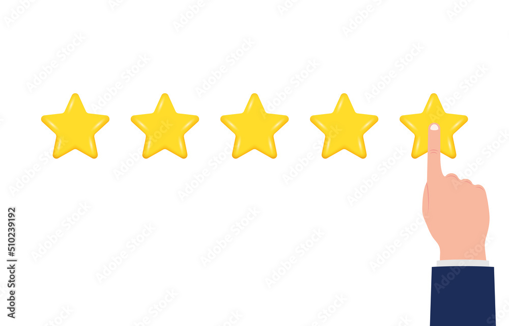 Stars of rating, feedback and review for business success. Positive feedback of customer. Quality and ranking service concept. Rate stars evaluation with customer's hand in flat. Satisfaction. Vector Stars of rating, feedback and review for business success. Positive feedback of customer. Quality and ranking service concept. Rate stars evaluation with customer's hand in flat. Satisfaction. Vector