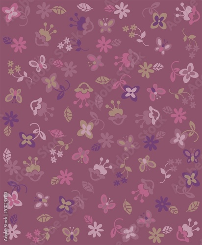 Print with brown background with colorful flowers and butterflies