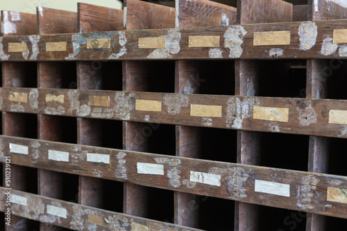 Wooden Compartments with Labels from an Old Hardware Store Cabinet