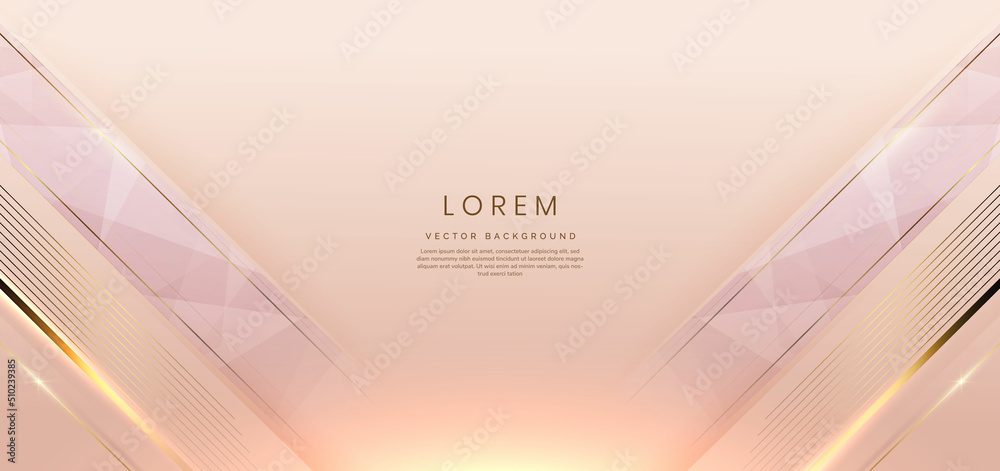 Abstract 3d template rose gold background with gold lines diagonal sparking with copy space for text. Luxury style. - obrazy, fototapety, plakaty 
