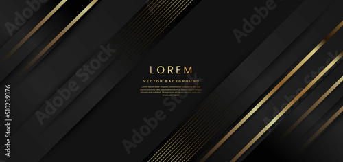 Abstract 3d black background with diagonal gold lines stripes. Luxury template design.