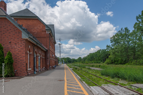 Fototapeta Naklejka Na Ścianę i Meble -  Rural brick train station in the country with overgrown vegetation on the railway tracks.