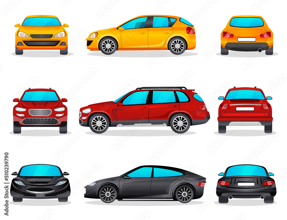 Cars isolated set on white background. Colorful modern collection hatchback. Automobile view side, front, back. Realistic vehicle design. New model toy mini machine icons. Flat vector illustration.